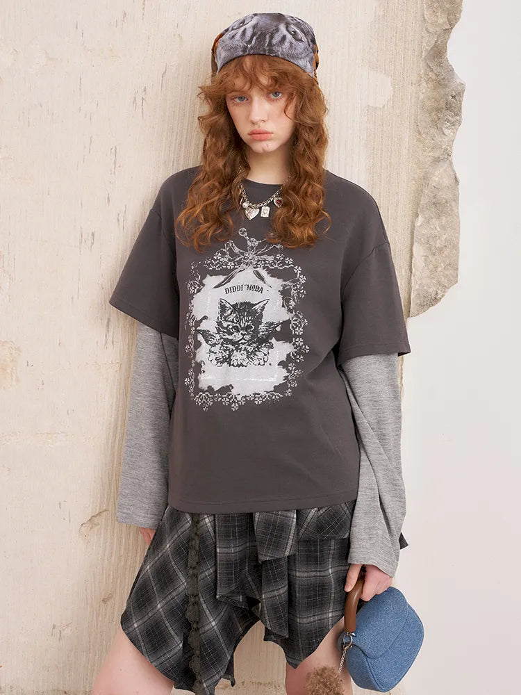 Oversized Faux Two-Piece Long-Sleeve T-Shirt【s0000014047】