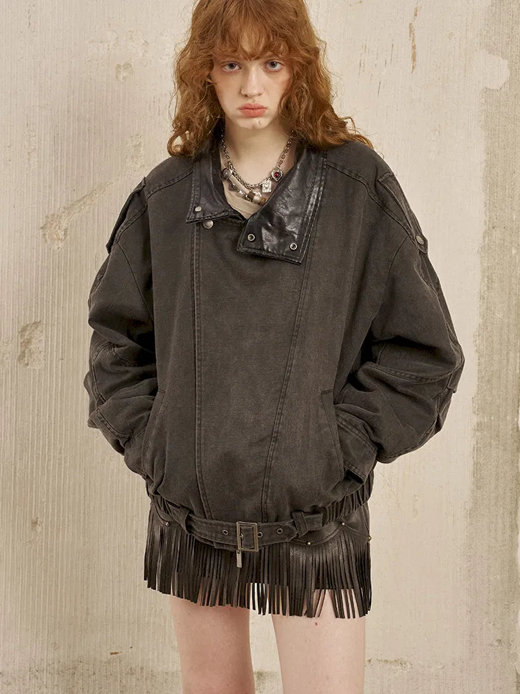 Padded Collar Patchwork Washed Denim Jacket【s0000014069】