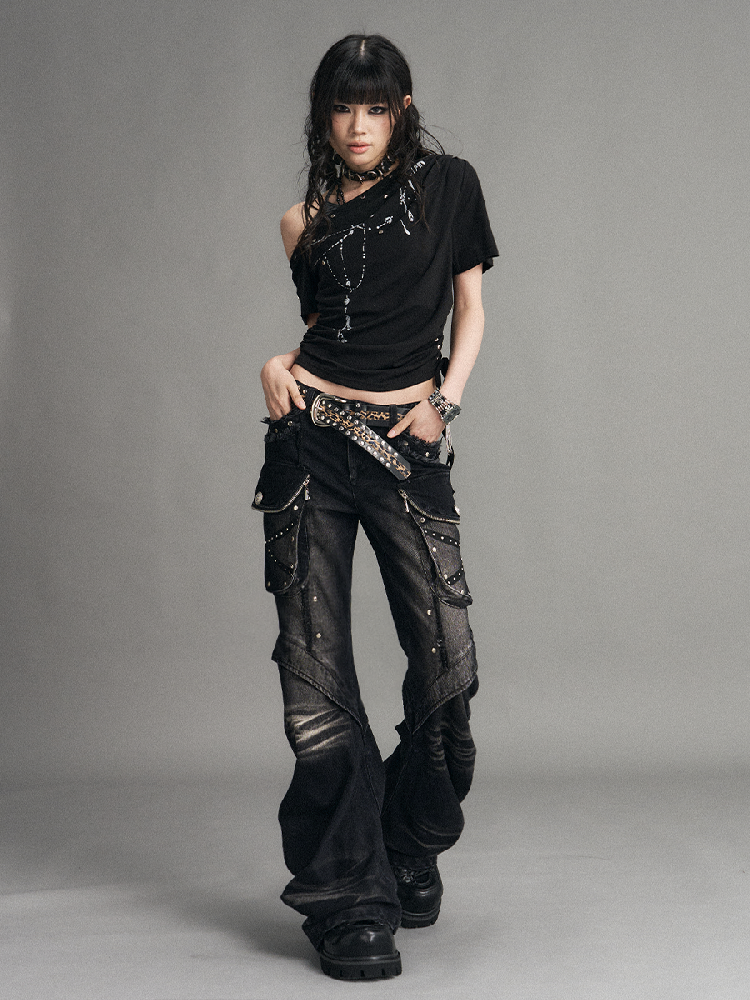 Punk Heavy Work Washed Flared Jeans【s0000017535】