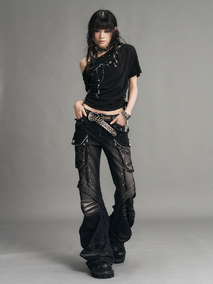 Punk Heavy Work Washed Flared Jeans【s0000017535】
