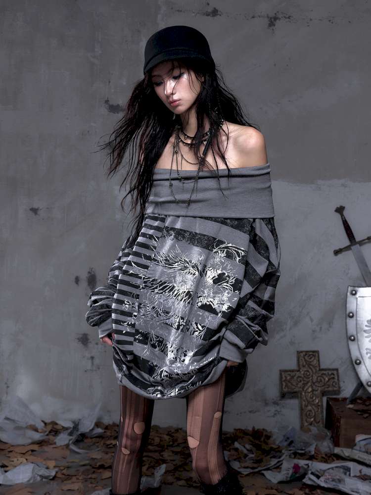 Striped Print Loose Bat Sleeve Dress【s0000014658】