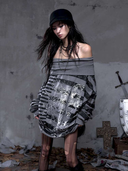 Striped Print Loose Bat Sleeve Dress【s0000014658】