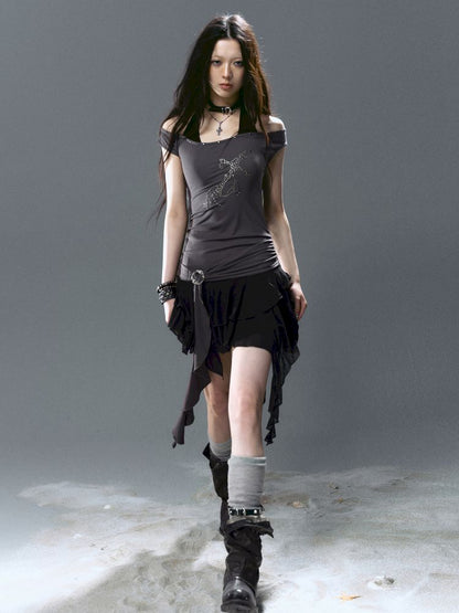 Chiffon ruffle patchwork off-the-shoulder dress【s0000012801】