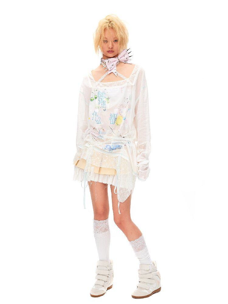 Dream Print Lace Drawstring Top【s0000016491】