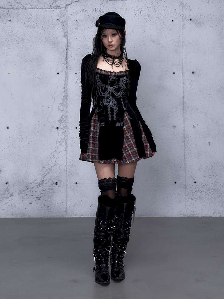 Vintage Baroque Velvet Check Dress【s0000014935】