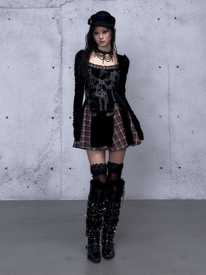 Vintage Baroque Velvet Check Dress【s0000014935】