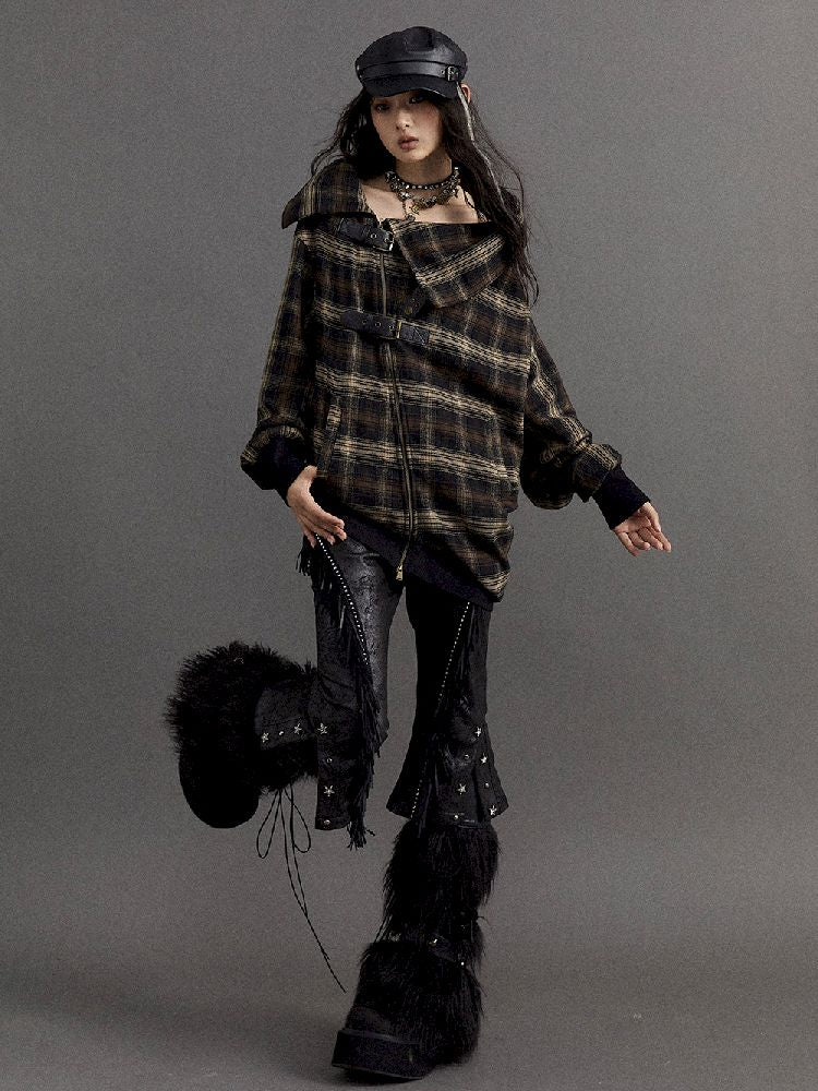 LOOSE PLAID ASYMMETRICAL SWEATER JACKET [S0000010326]