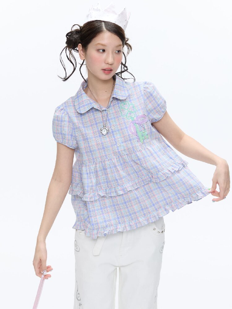 Purple Plaid Lace Short Sleeve Shirt【s0000016405】
