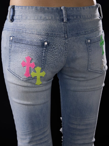 Washed Ripped Appliqué Jeans【s0000018505】