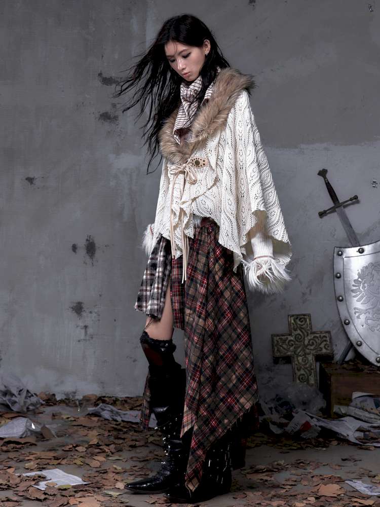 Knit Fur Collar Shawl Cape【s0000014659】