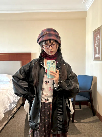 Lace-Trimmed Oversized Leather Jacket【s0000014167】