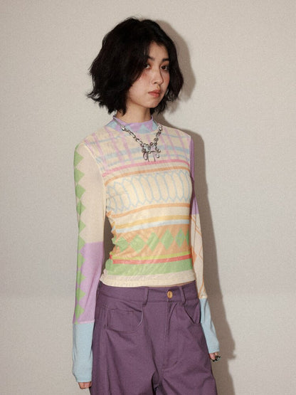 Geometric Print Skin Long Sleeve Tee【s0000015458】
