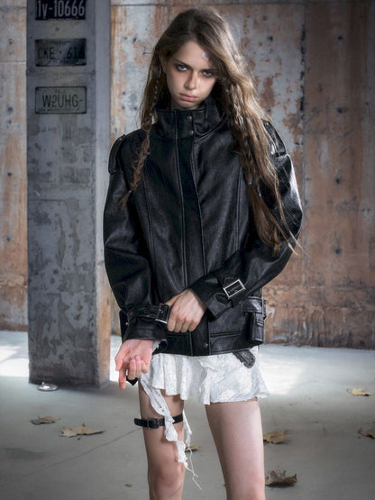 Loose black myriad leather jacket【s0000013885】