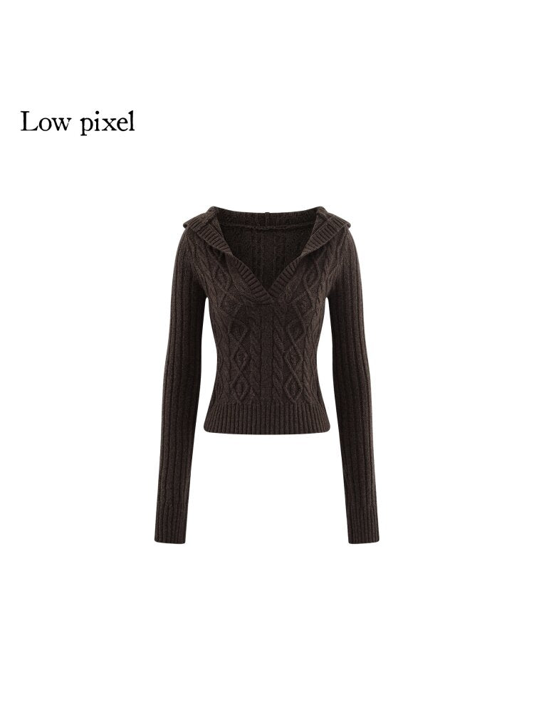 Coffee V-Neck Cropped Wool Sweater【s0000015597】