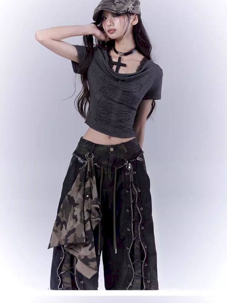 Openwork cross print lace T-shirt【s0000012847】