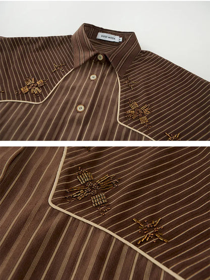 Velvet Beaded Contrast-Striped Vintage Shirt【s0000014079】