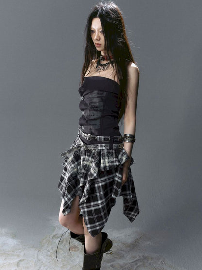 Asymmetrical patchwork plaid strapless dress【s0000012808】