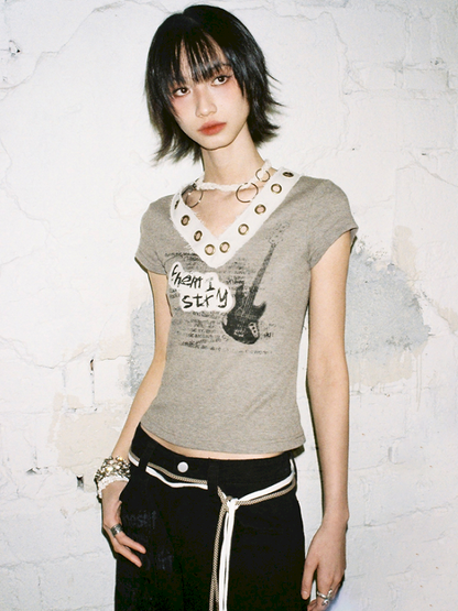 V-Neck Guitar Print Short Sleeve T-Shirt【s0000012424】