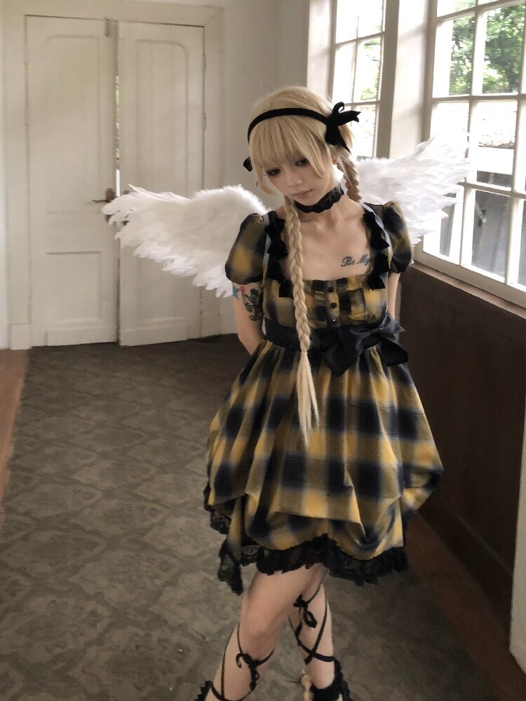Plaid Puff Sleeve Lantern Dress【s0000016892】