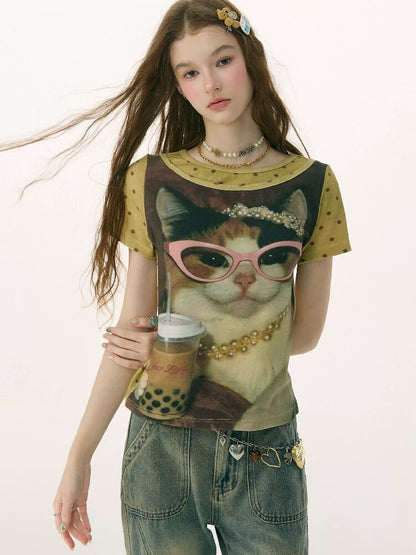 Retro Vintage Cat Print T-Shirt【s0000016855】
