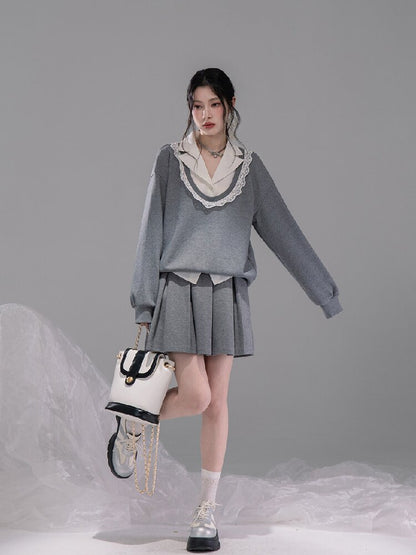 U-neck Sweatshirt Pleated Skirt Set【s0000015742】