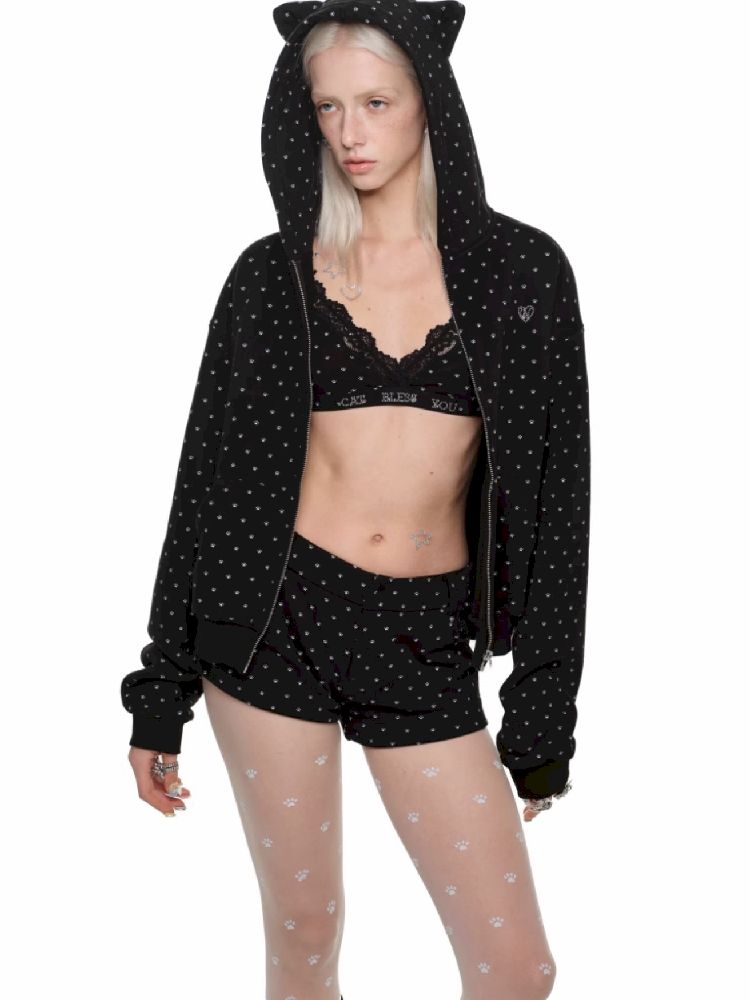 Cat's Paw Long Short Polka Dot Hooded Cardigan Sweatshirt Sweatpants Set【s0000011566】