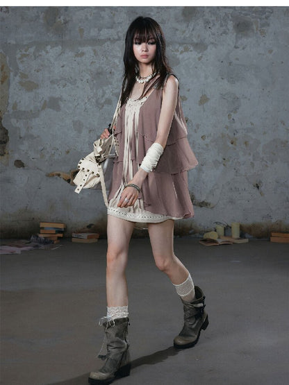 Ruffle Fringe Loose Faux Two-Piece Dress【s0000018099】