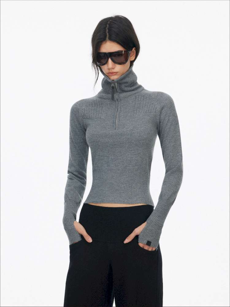 Half-Turtleneck Zip Knit Long-Sleeve T-Shirt【s0000014876】