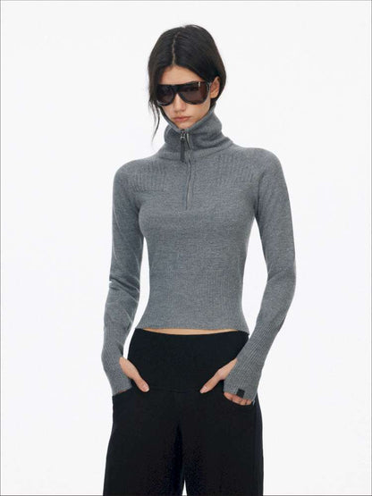 Half-Turtleneck Zip Knit Long-Sleeve T-Shirt【s0000014876】