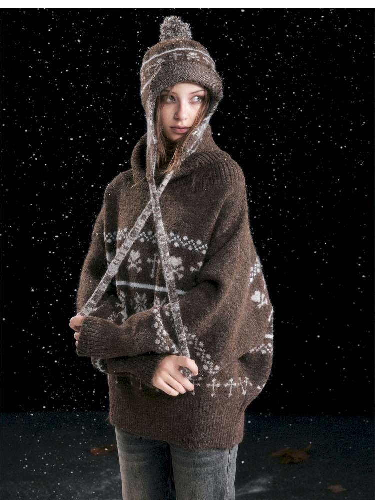 Striped Snowflake Ear Protection Beanie【s0000014672】