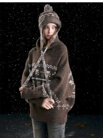 Striped Snowflake Ear Protection Beanie【s0000014672】