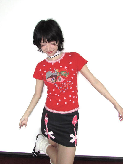 Lace Cotton Mini Print Short Top【s0000018656】