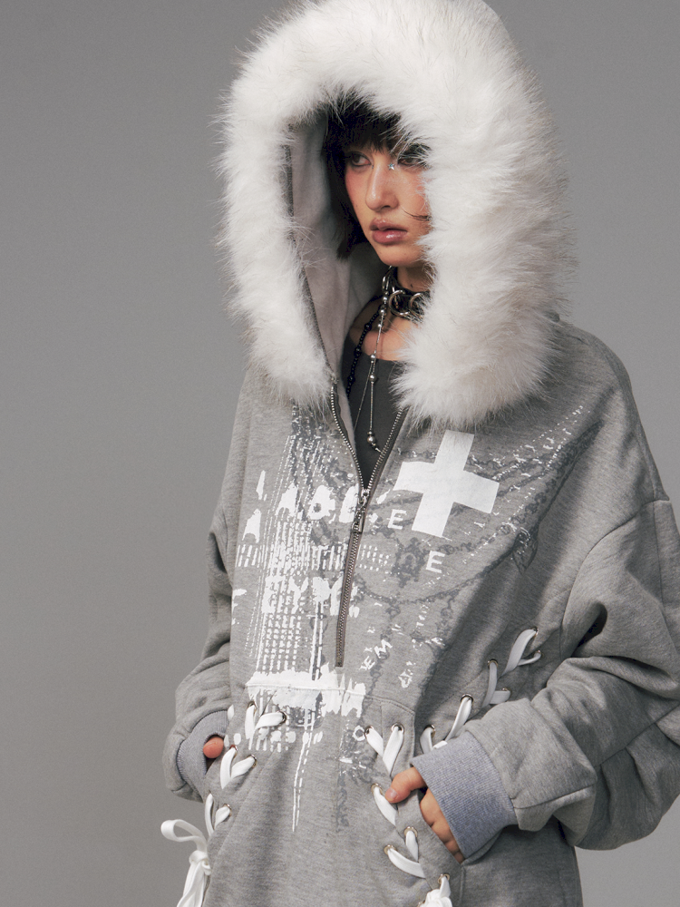 Tie-Front Printed Half-Zip Hoodie【s0000014452】