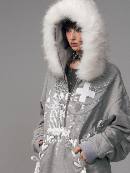 Tie-Front Printed Half-Zip Hoodie【s0000014452】