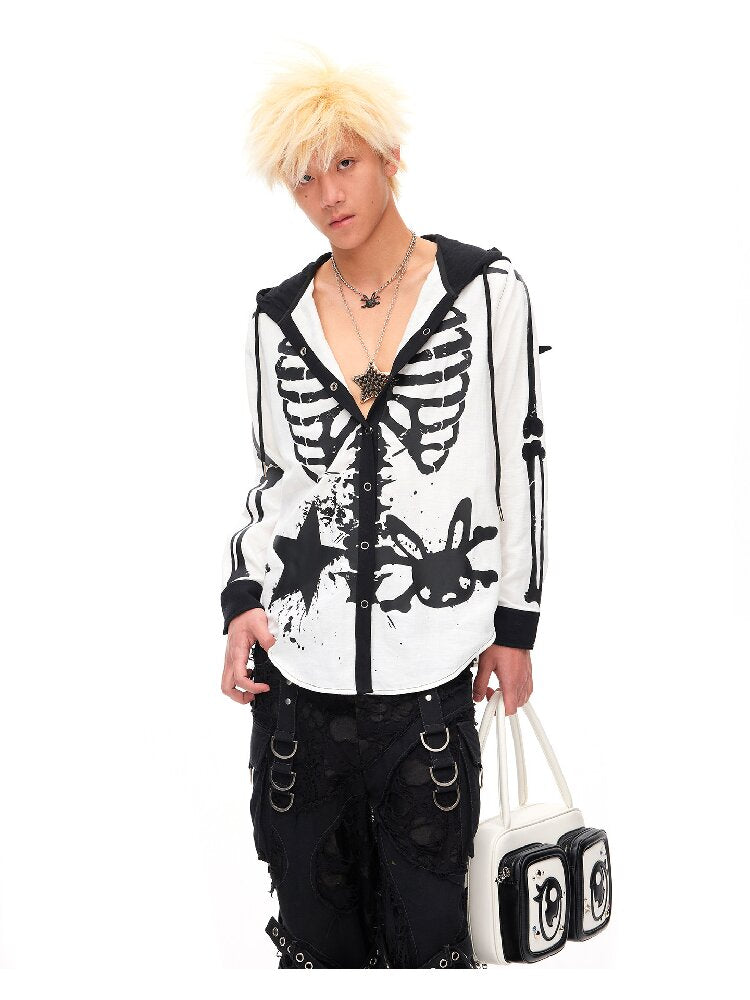 Demon Skeleton Print Hooded Shirt【s0000016054】