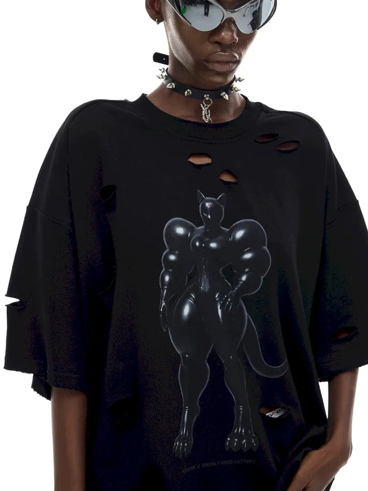 Cat Print Distressed T-Shirt with Drawstring Waist【s0000014018】