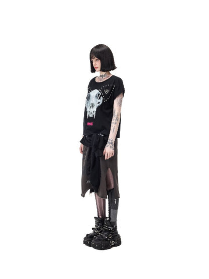Cat Bone Print Riveted T-Shirt【s0000017714】