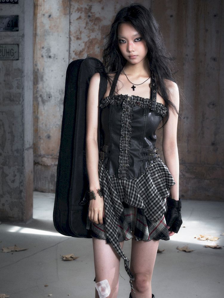 Patchwork Lattice Waisted Dress【s0000013889】