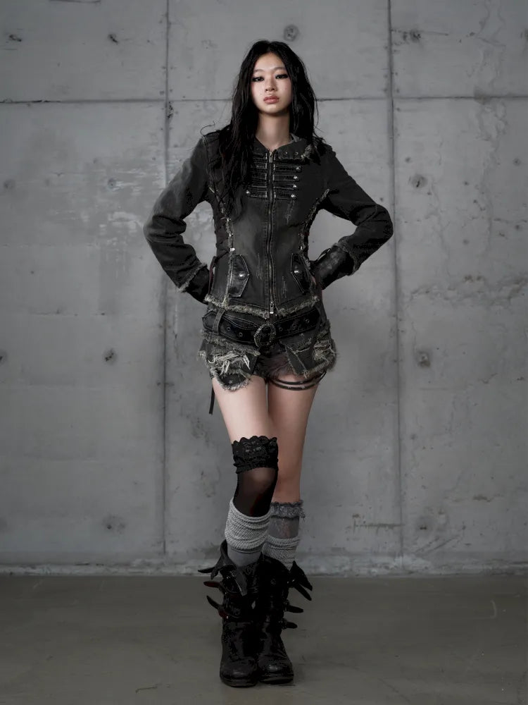 Denim Detachable Slim-Fit Hooded Jacket【s0000013951】