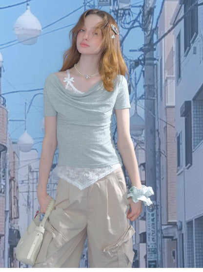 Lace Straps Short Sleeve T-shirt【s0000012254】