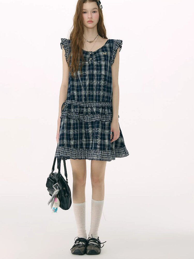 Spliced Plaid Flying Sleeve Dress【s0000016844】