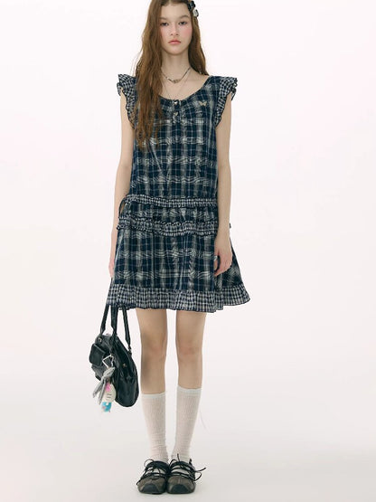Spliced Plaid Flying Sleeve Dress【s0000016844】