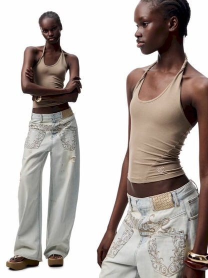 Slant U Neck Button Knot Solid Color Camisole【s0000012394】