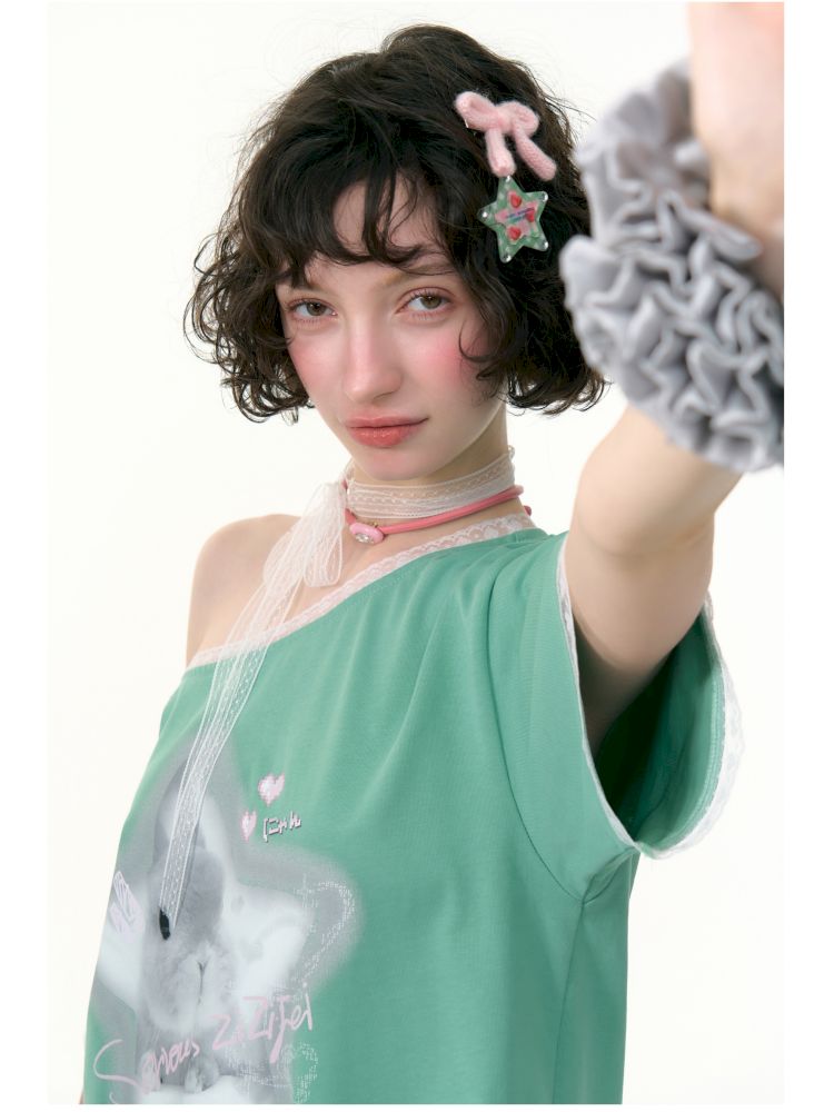 Lace edge large round neck loose short sleeve t-shirt【s0000013373】