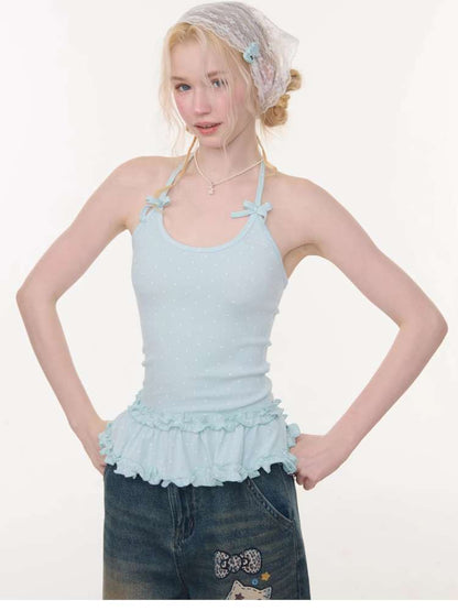 Lace Bow Polka Dot Halter Vest【s0000015432】