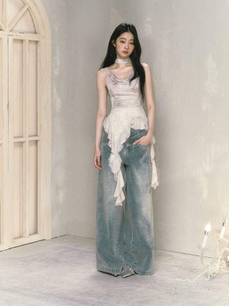 Wide-leg broken holes micro-laundry jeans【s0000012140】