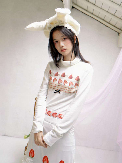 Strawberry Cake Print High-Neck T-Shirt【s0000014530】