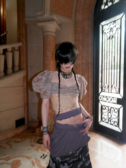 Patchwork Sheer Bud Strap Court Top【s0000015145】