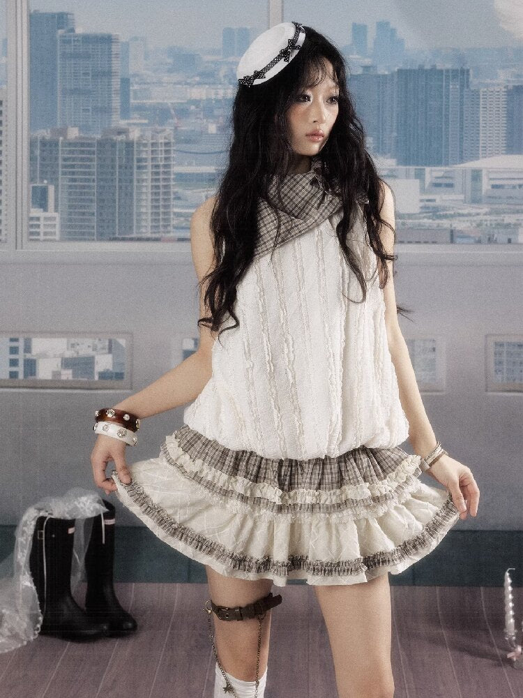 Plaid Ruffled Lace Short Sleeve Top【s0000016537】