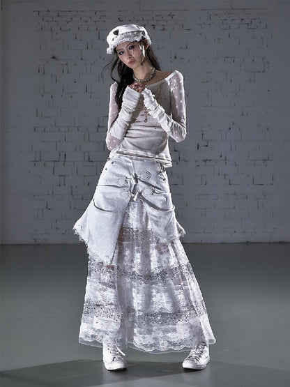 Stitched Lace Denim Maxi Skirt【s0000015940】